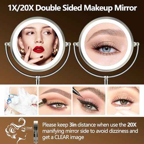 20x Large Lighted Makeup Mirror, Rechargeable 9" Magnifying Makeup Mirror, 30-Minute Timer,3 Color Modes, Adjustable Brightness, No Assembly Required, 360¡Æ Rotation Cosmetic Mirror, Pearl Nickel