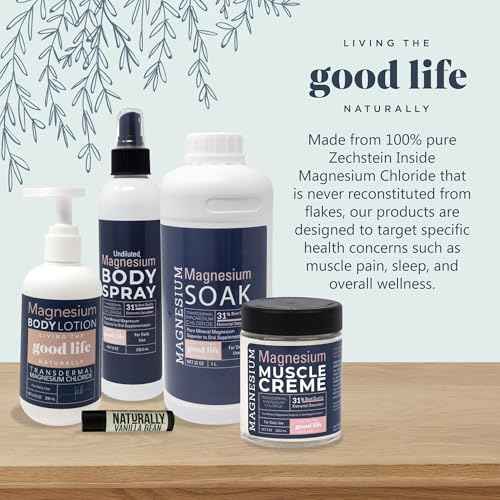 Magnesium Bundle - Magnesium Soak, Body Lotion, Muscle Cream and Topical Body Spray with a Vanilla Bean Lip Balm, Organic, Natural, Pure (BOTTLE COLOR MAY VARY)