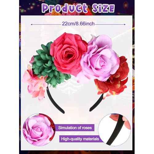 Zeyune Mexican Flower Headband Fiesta Rose Flower Crown Costume Mexican Headpiece for Women Party Cosplay Halloween(Mixed Color,16pcs)