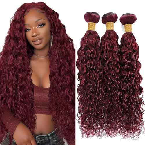 Human Hair Bundles Burgundy 99J Water Wave 22 24 26 Inch Bundles Human Hair 100% Unprocessed Burgundy Soft Sewn In Hair with Double Weft for Black Women