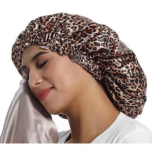 100% Mulberry Silk Lined Bonnet Adjustable Satin Sleep Cap 19 Momme Silk Bonnet for Women Curly,Long Hair Care