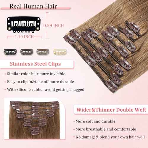 Clip in Hair Extensions Real Human Hair Clip in Extensions for Women Seamless Invisible Chestnut Brown Natural Remy 100% Human Clips ins Extension 8pcs Double Weft 24 inch 4.2oz/120g