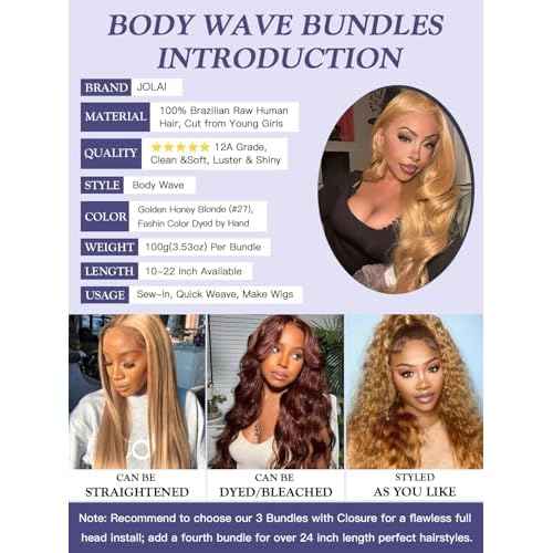 Honey Blonde Bundles with Closure Human Hair Body Wave 12 14 16+10 Inch, Color 27 Golden Ash Blonde 3 Bundles with 4x4 HD Closure, 12A 100% Raw Brazilian Virgin Hair Sew In Weave with 4x4 Closure #27