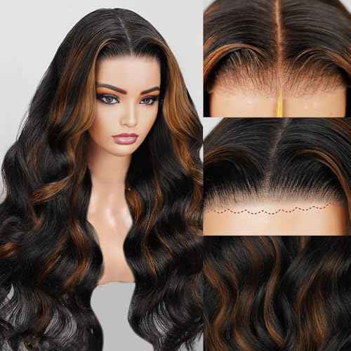 28 Inch Ombre Highlight Lace Front Wig Human Hair 200 Density Ombre Glueless Wigs Human Hair Pre Plucked Pre Cut 7x5 Hd 1b/30 Skunk Stripe Body Wave Balayage Highlighted Wig Human Hair for Women