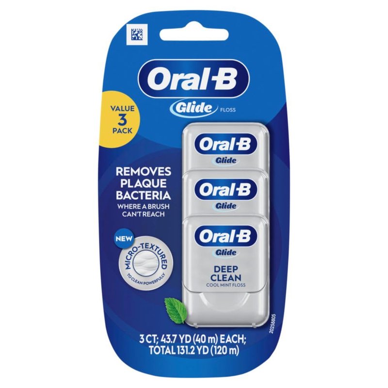 Oral-B Glide Dental Floss, Shred Resistant, Gentle on Gums, Natural Wax, Slides Smoothly, Deep Clean Cool Mint Flavor, 40 M, 3 Count