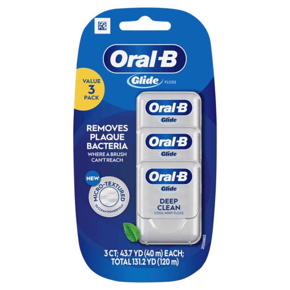 Oral-B Glide Deep Clean Dental Floss, Cool Mint, 3 Pack (131.2 YD Total) - Shred-Resistant Smooth Dental Tape for Tight Spaces