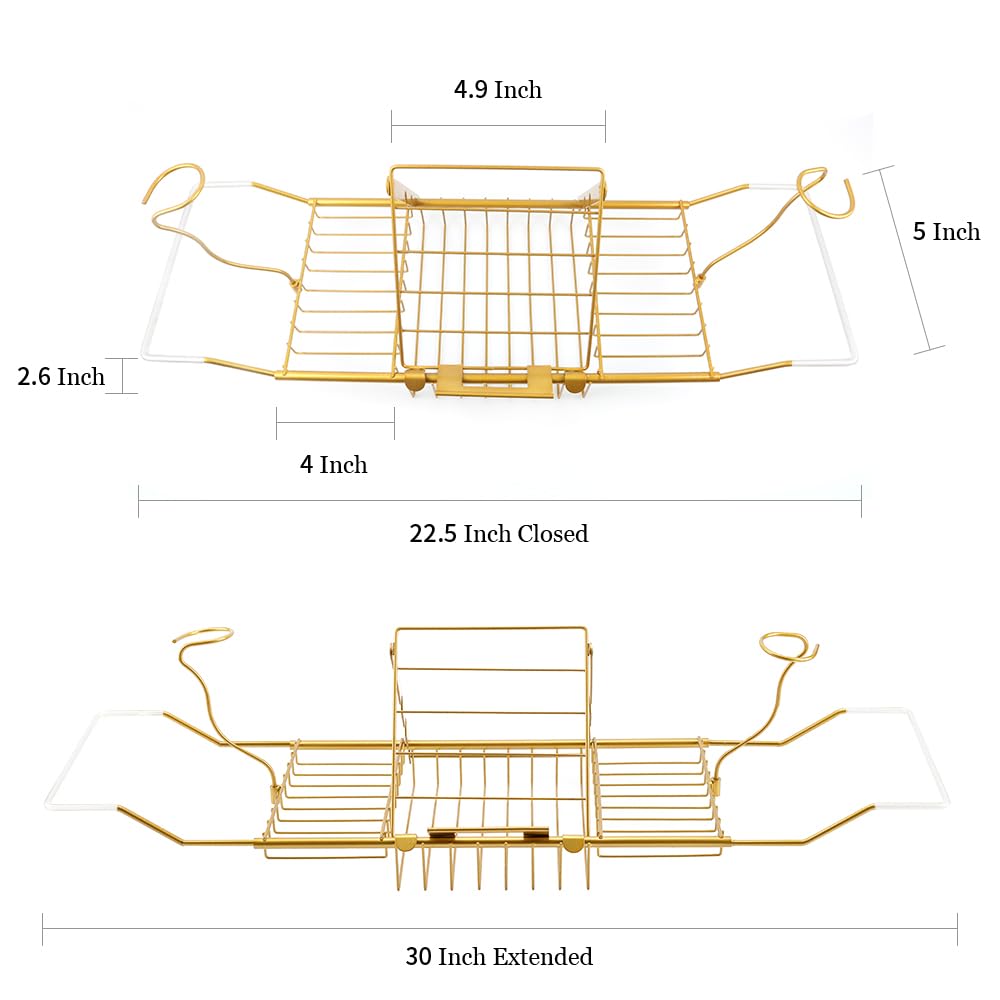 PLKO Bathtub Tray,Stainless Steel Shower Bathtub Caddy Tray with Removable Book Holder Red Wine Rack Holder, for Home Kitchen Bathroom,Gold