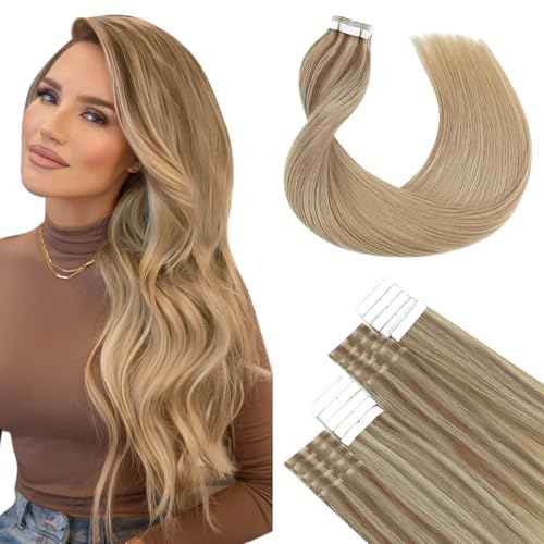 SURNEL 20inch Tape in Hair Extensions Balayage Golden Brown Highlighted Fading to Golden Blonde Human Hair Tape in Extensions 20 Pcs 50g(#10/16/16-20)