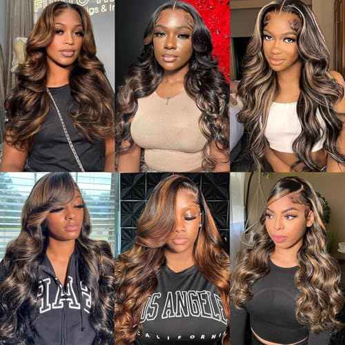 13x6 Body Wave 200% Density Highlight Ombre Lace Front Wig Human Hair Glueless 24 inch HD Transparent 1B/30 Honey Blonde Lace Frontal Wigs Human Hair Pre Plucked With Baby Hair