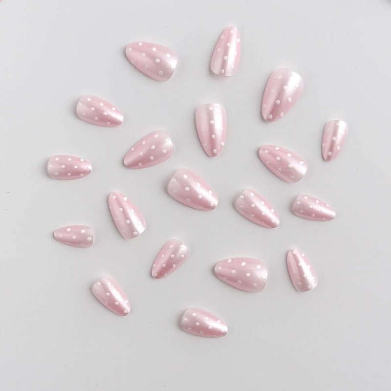 Polka Dot Press | Short Almond Press-On Nails in Soft Pink with White Dots | Glossy Finish | 24 Pcs