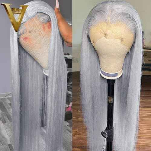 200% Density Silver Grey Lace Front Wigs Human Hair For Women No Mixed Fiber Double Drawn Straight Virgin Hair Wig 13x4 UHD Lace Frontal Wig Brazilian Hair 18 Inches