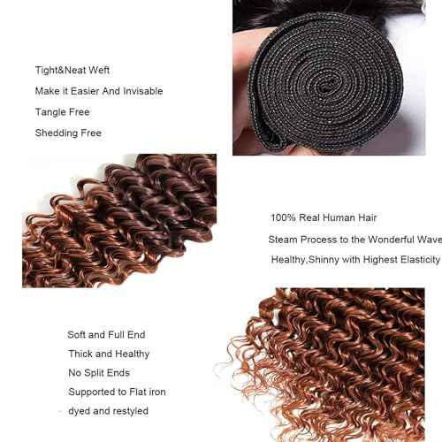 T1B/4/30 Brown Bundles Human Hair 24 26 28 Inch Ombre Bundle Deep Wave Human Hair Bundles Brown 3 Tone 3 Bundle Unprocessed Brazilian Virgin Quick Weave Hair for Black Women