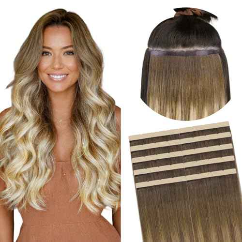 GOO GOO Tape in Hair Extensions Human Hair, 3/8/613 Walnut Brown to Ash Brown and Bleach Blonde, 8cm Wide Tape, 18inch 10pcs 50g, Tape Weft Hair Extensions, Real Human Hair, Seamless Tape in