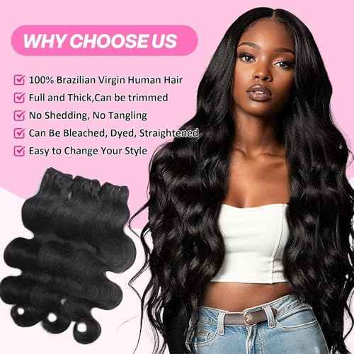 12A Body Wave Human Hair Bundles 16 18 20 Inch 100% Unprocessed Brazilian Virgin Human Hair 3 Bundles Quick Weave Extensions Natural Black For Women