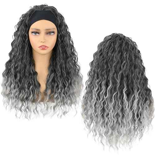 Headband Wig Deep Wave 20 Inch Gray for Black Women - Machine Made None Lace Front Synthetic Glueless Deep Curly Half Wig (T1B/Gray)