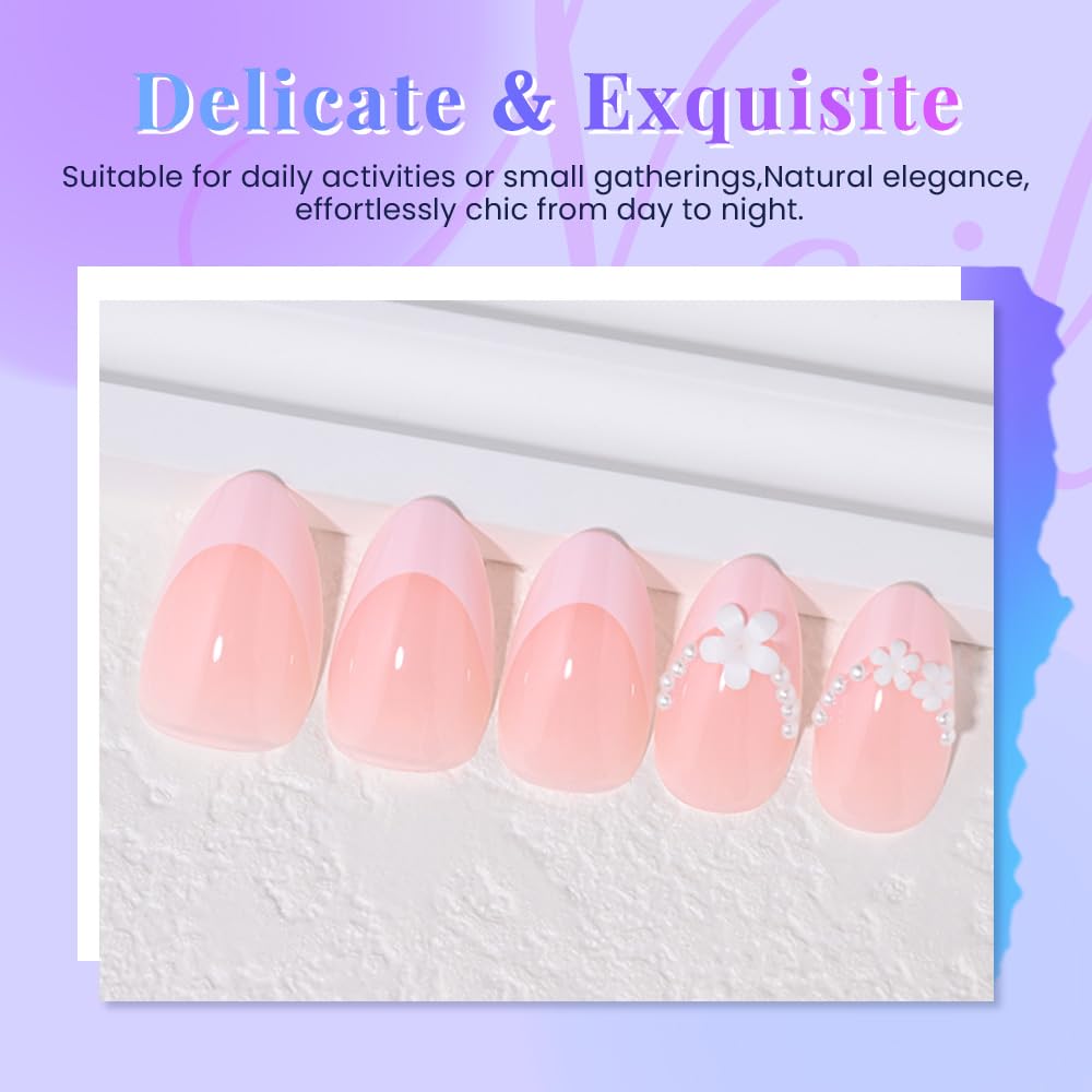 XZMeiLun Summer Pink French Tip Press On Nails, Short Almond Shape with 3D Pearl & White Flower Design, Reusable Salon-Quality Acrylic Fake Nails, Stick-On Nails for Women & Girls (No Glue Included)