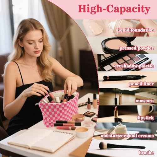 Checkered Makeup Bag - Large Cosmetic Bag for Women, Cute Cosmetic Pouch Travel Pouches for Toiletries, Makeup Brush, Purse, Large Capacity Storage Bag, Rose Red