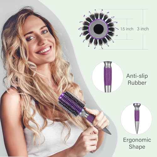 BRUSHZOO Round Brush for Blow Out, Boar Bristle Round Brush for Women Add Shine Volume, Hairbrush for Women Blow Drying Styling