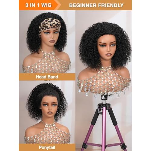 Kinky Curly Half Wig Human Hair 200% Density Wear Go Glueless Wigs Human Hair 3 In 1 Drawstring Seamless Flip Over Wig for Women Daily Wear Headband Wig Beginner Friendly Black (16inch)