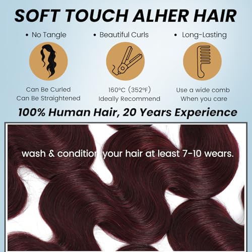 ALHER 99j Burgundy Body Wave 4x4 Lace Closure Human Hair, 12A Dark Burgundy Wine Red Color Wavy Free Part Melt Lace Closure, 100% Unprocessed Virgin Remy Hair Pre Plucked With Baby Hair Closure 12 IN