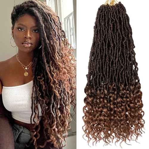 18 Inch New Faux Locs Crochet Hair With Curly Ends 7 Packs Goddess Locs Wavy Soft Locs Pre-looped Ombre Brown Bohemian Nu Locs Synthetic Crochet Braiding Hair for Women (12Strands/pack T30#)