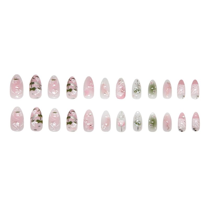 Pink Flower Press-On Nails - Medium Almond Shape with Pearl Design | 24 Pcs Full Cover Spring Fake Nails for Women
