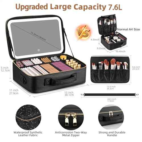 15¡°¡¿11¡°Professional Makeup Train Case,Large Waterproof Travel Makeup bag with Mirror and Light, Leather Black Make up Bag with Mirror and Light,Led Makeup Case with Adjustable Dividers