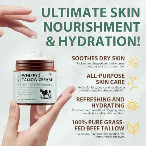 Whipped Beef Tallow for Skin, Organic Face Moisturizer with Grass Fed Beef Tallow & Raw Honey, Deeply Moisturizes Face & Body, Reduces Skin Irritation and Sensitivity, 4.2 Oz