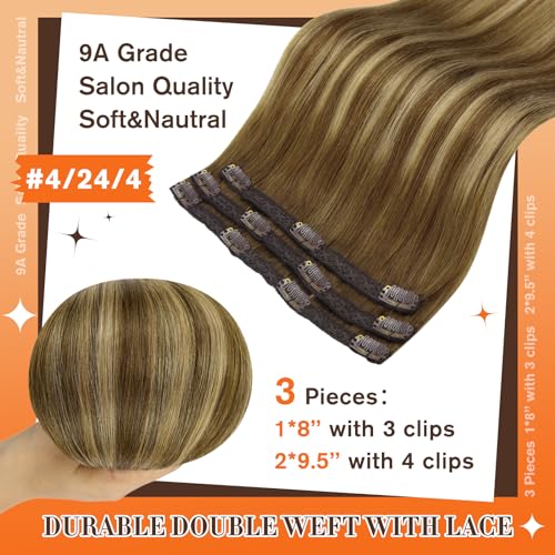 Full Shine Clip in Hair Extensions Human Hair 16Inch Lace Clip in Human Hair Ombre Brown Fading to Blonde Highlight Double Weft Straight Hair Extensions for Women 60Grams 3Pcs