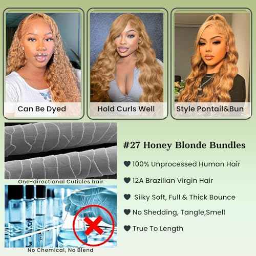 ALHER Color #27 Honey Blonde Single Bundle Body Wave 24 Inch, Blonde Bundles Human Hair Sew In Weave Wavy Bundles for Black Women, 12A 100% Unprocessed Brazilian Virgin Remy Hair Soft Thick