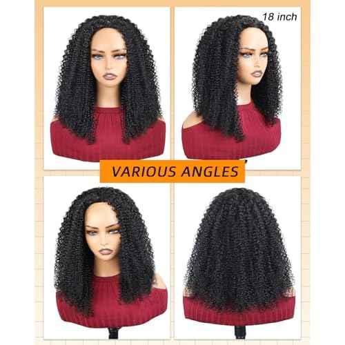 ?Kinky Curly Half Wig Human Hair With Drawstring 200% Density, Seamless 3 In 1 Flip Over Afro Kinky Curly Wig Human Hair Glueless Wear and Go Headband Curly Half Wigs for Black Women 18 Inch