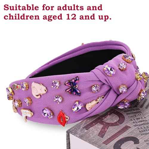 Music Headbands for Women, Singer Fans Gift Guitar Red Lip Rhinestone Wide Jeweled Knotted Headband, Crystal Beaded Jeweled Knot Embellished Headband Hair Accessories Concert Birthday Gift - Purple
