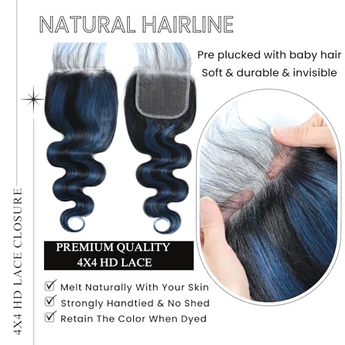 ALHER Black Mix Blue Body Wave 4x4 Lace Closure, 12A #1B/BlueColored Closure Free Part Pre Plucked with Baby Hair, 100% Virgin Remy Human Hair for Black Women 150% Density 12 Inch