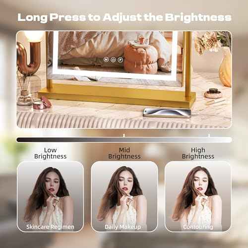 Hasipu Vanity Mirror with Lights, 17" x 22" LED Makeup Mirror, Light up Mirror with Smart Touch 3 Color Modes and Brightness Adjustment, 10X Magnifying Glass,360¡Æ Rotation (Gold)
