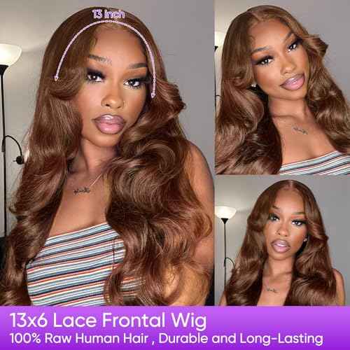 22 Inch Brown Body Wave Human Hair Wig Pre Plucked 13x6 HD Transparent Lace Frontal Wigs Human Hair 200% Density Glueless Brown Body Wave Lace Frontal Wigs for Women