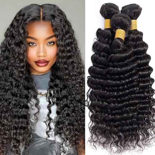 Deep Wave Human Hair Bundles, 13A Curly Bundles Human Hair, Wet and Wavy 100% Brazilian Virgin Quick Weave Deep Wave Bundle for Women, 300G (Bundles Natural Black, 14 16 18 Inches)