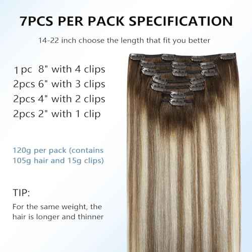 COOKAYU Clip in Hair Extensions Real Human Hair, 14inch 120g 7Pcs 3/8/22 Walnut Brown to Ash Brown and Blonde Hair Extensions Clip in Human Hair Thick Silky Straight Extensions