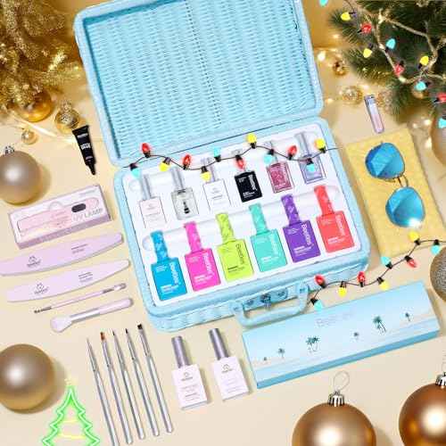 Beetles Christmas Gel Nail Polish Set with Mini LED Nail Lamp Purple Red Green Yellow Gel Polish with Base Top Coat Nail Art Brushes Salon DIY Gift Basket for Women