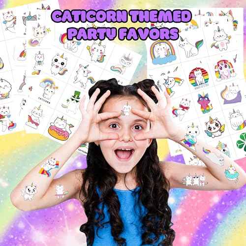 96 PCS Caticorn Cat Pre-Cut Temporary Tattoos Themed Birthday Party Supplies Decorations Favors Decor Funny Cute Cartoon Rainbow Meowgical Tattoo Stickers Gifts For Boys Girls Classroom