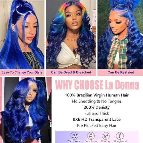 Blue Wear and Go Glueless Wigs Human Hair Pre Cut 9x6 Blue Body Wave HD Lace Front Wig Pre Plucked Colored Lace Closure Wigs for Women 22 Inch 180 Density