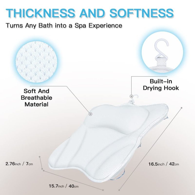 Beautybaby Bathtub Spa Pillow, Non-Slip 4 Strong Suction Cups, Bath Pillows for Tub, Head, Neck, Shoulder Support, Breathable Relax Comfort