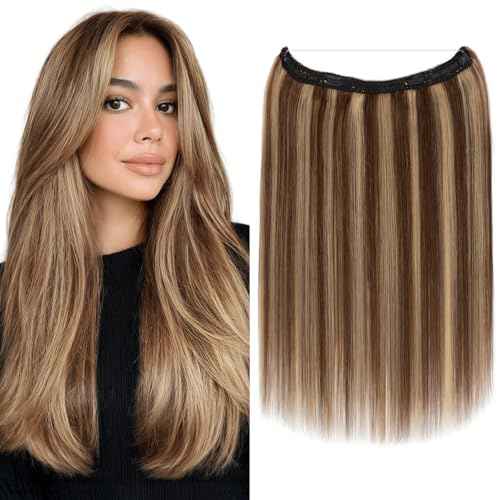 MY-LADY Halo Hair Extensions Real Human Hair for Women Medium Brown & Dark Blonde Clip in Remy Hairpiece with Adjustable Invisible Wire 18 Inch 65G