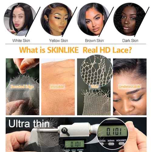BEEOS Yaki Straight 13x4 SKINLIKE Real HD Lace Frontal, Pre-Plucked Hairline Bleached Knots 0.10mm Ultra-thin Invisible HD Lace Human Hair Closures 14 Inch