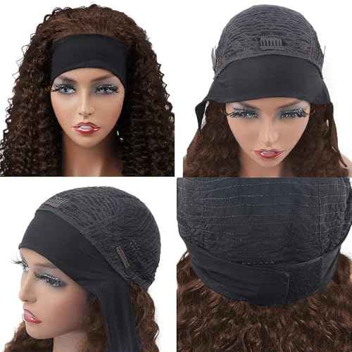 Chocolate Brown Headband Wig Human Hair Deep Wave Human Hair Wigs for Black Women 20 Inch Curly Headband Wig Glueless None Lace Front Brazilian Virgin Hair Wear and Go 150% Density