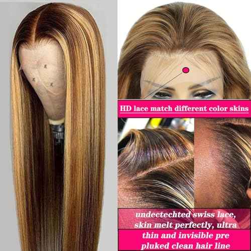 Cypha Ombre Lace Front Wig Human Hair Highlight 13x4 HD Straight Lace Front Wigs 180% Density 4/27 Colored Honey Blonde HD Lace Frontal Wigs For Women Glueless Pre Plucked with Baby Hair 24inch
