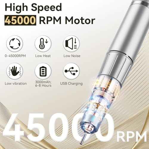 Cadrim Portable Electric Nail Drill Professional 45000 RPM, 2025 Upgrade-Speed Control Disc, Rechargeable Electric Nail File for Acrylic Gel Nails, Nail Drill Kit for Salon Home, White