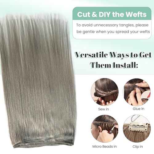 Grey Real Human Hair Extensions Sew in Bundles Double Weft Silver Sew in Hair Extensions Real Human Hair Wefts 20 Inch 100G Thick and Full Gray Remy Hair Bundles for Length/Volume
