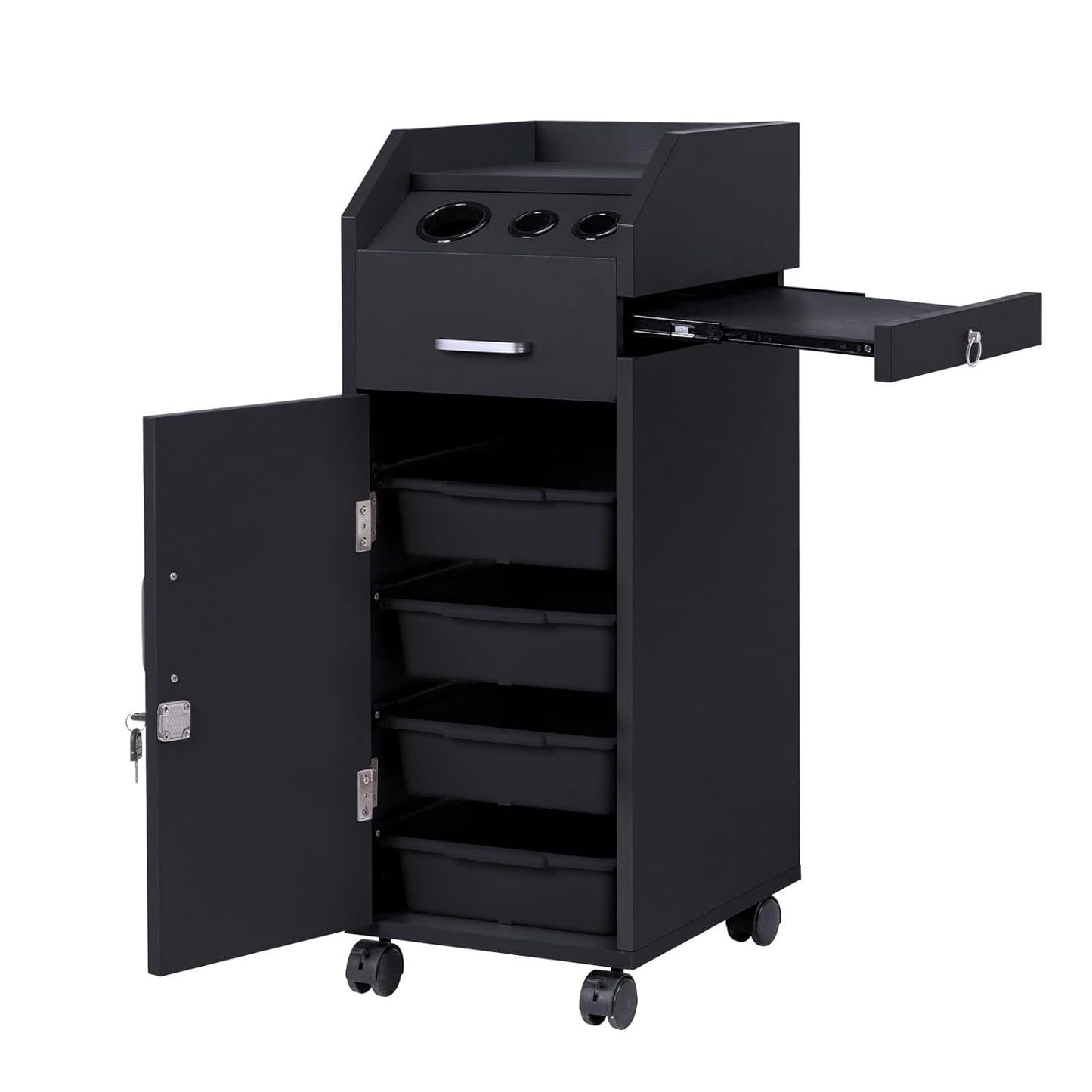 Winado Hair Salon Storage Cart - Mobile Makeup Case with Wheels, 3 Dryer Holders & 4 Drawers | Black