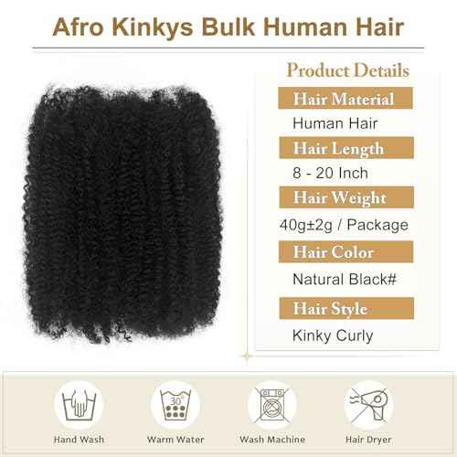 Afro Twist Human Hair 16 Inch Afro Kinkys Bulk Human Hair 40g/Bundle Natural Black Human BraidingHair for Loc Extensions Marley Twist Brainding Hair (16inch,Pack of 2)