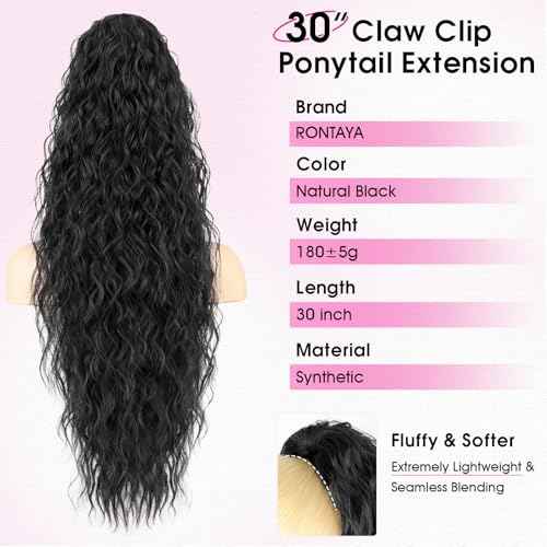 RONTAYA Ponytail Extension Claw 30" Curly Pony Tail Clip in Hair Extensions Fluffy Natural Looking Synthetic Hairpiece for Women Black